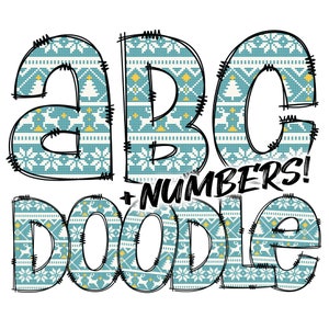 Digitaler Download | Doodle Blau Gestricktes Weihnachtsmuster 1 | PNG Clipart Bundle Alphabet Pack | Buchstaben und Zahlen