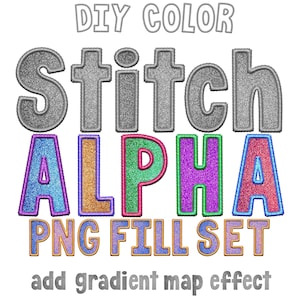 Digitales Glitzer Alphabet PNG, Stich, Stickerei Applikation Glitzer Patch Buchstaben & Zahlen, DIY Farbe in Procreate, Photoshop, Blank Fill Set