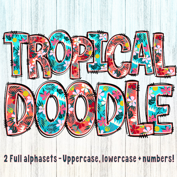 Tropical Floral Fill Doodle Letters, Coral & Teal, 2 full alphasets, Clipart Bundle, Sublimation Alphabet for Summertime, Beach Boho Vibes