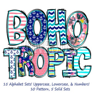 Boho Tropical Alphabet Bundle PNG, Sublimation Beach Patrones Florales Náuticos en Letras Doodle, Números Doodle, Letras de Boceto, Mix n Match