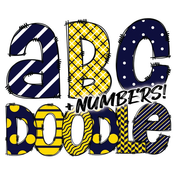 Digital Download | Doodle Navy Blue and Gold Pattern Fill | PNG Clipart Bundle Alphabet Pack | Letters and Numbers