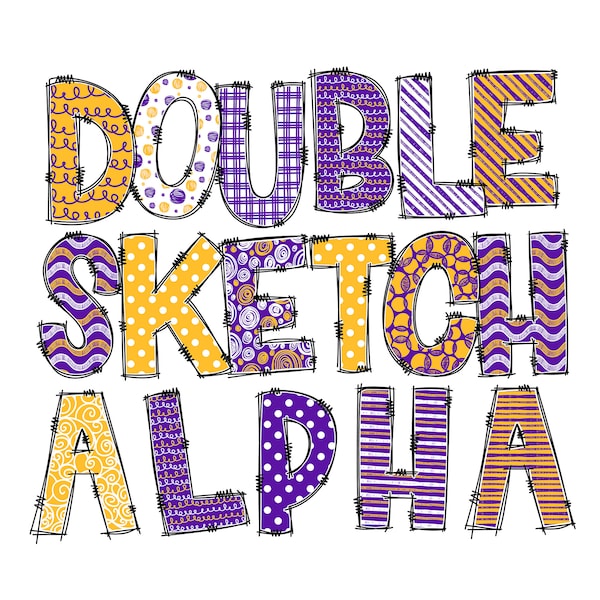 Double Alphabet Bundle | Purple Yellow White | 2 Full Alpha & Number Sets | Sketch Fill | Hand Drawn Doodle Font, Stripes Polka Dots Chevron