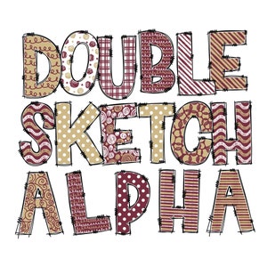 Double Doodle PNG Alphabet Bundle / 2 alfabetos completos Maroon Vegas / Patrones de boceto / Fuente Doodle dibujada a mano, rayas Lunares Chevron