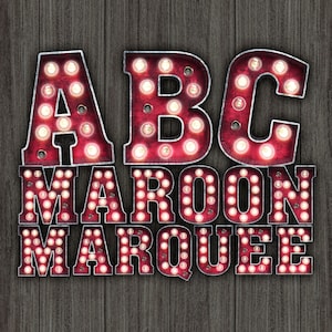 Descarga digital / Maroon Burgundy Marquee VS2.0 Letters & Numbers / PNG Image Graphic Clipart Bundle Set / Alphabet Art for Sublimation