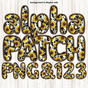 Könnte beinhalten: Ein Satz Alphabetbuchstaben und Zahlen mit einem Kuhfell- und Sonnenblumenmuster. Die Buchstaben sind "alpha patch" und die Zahlen sind "123".