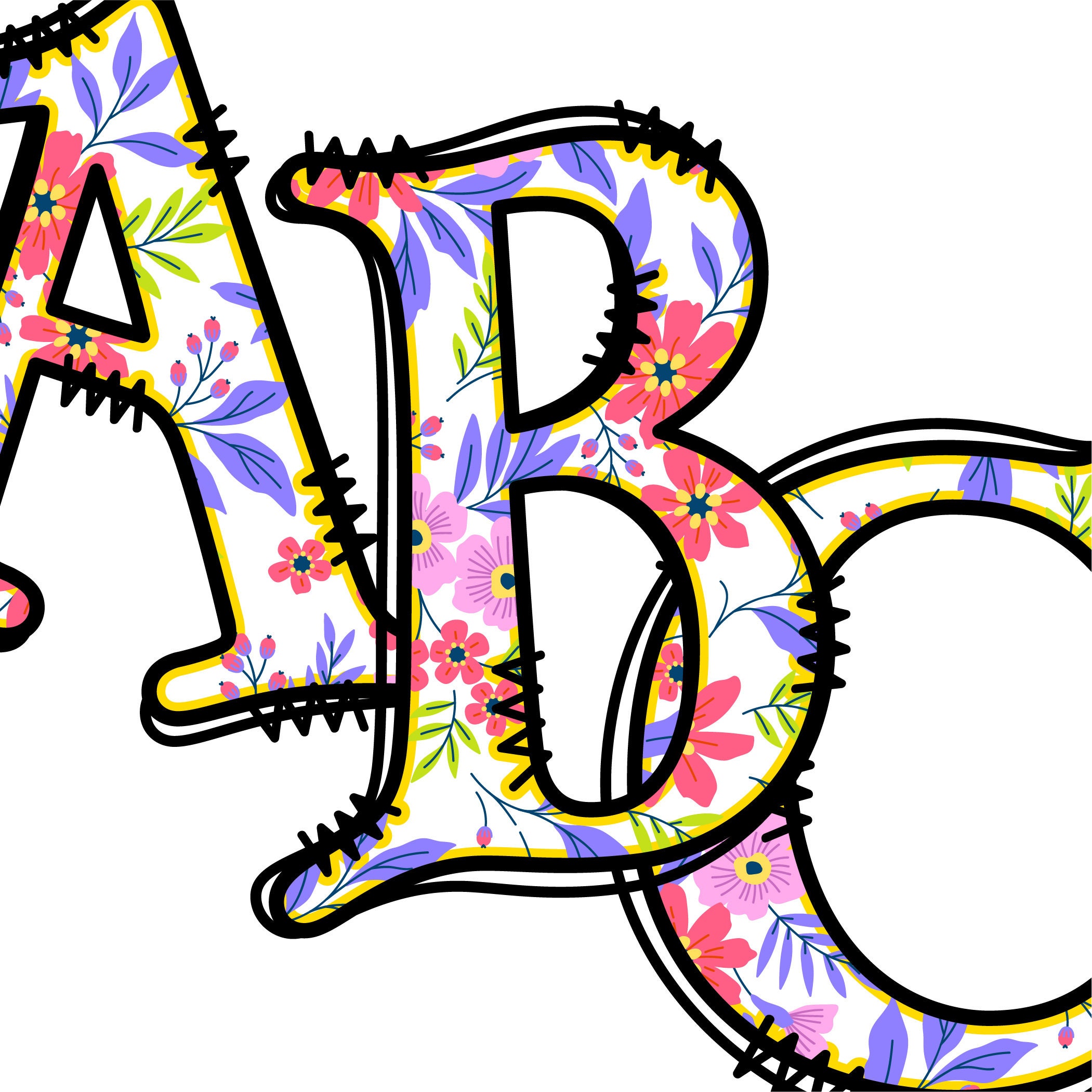 Ella Spring Floral Alphabet, Clipart Alpha Letters Numbers Upper and Lowercase, Flower Botanical PNG, Whimsy, Happy, Summer Sublimation