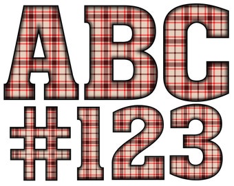 Digital Download | Chunky Red Plaid 1 Pattern Fill | PNG Clipart Bundle Alphabet Pack | Letters and Numbers