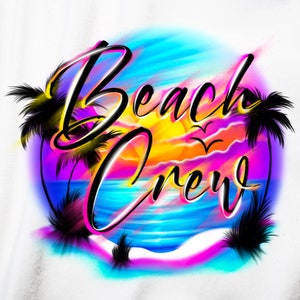 Airbrush Beach Scene PNG, Beach Crew, Team Group Party, Background, Digital Download, Tropical Sunrise Sunset Palm Trees and ocean, Print