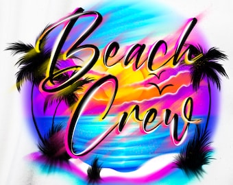 Airbrush Beach Scene PNG, Beach Crew, Team Group Party, Sfondo, Download digitale, Alba tropicale Tramonto Palme e oceano, Stampa