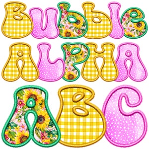 May include: Bubble alphabet letters in yellow, pink, and green with floral and gingham patterns. The letters are in a playful, rounded font.