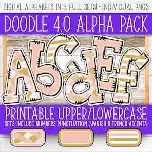 Conjunto de números do alfabeto para placas - Doodle 4.0 | +Francês e Espanhol | Paredes/Porta do Professor | Cauda de sereia, listras, boho, neutro AL55BOD4-A210