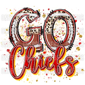 Go Chiefs PNG, design de clipart para download digital com letras de preenchimento de futebol Doodle, detalhes em respingos de brilho vermelho e dourado, sublimação de futebol