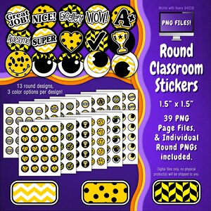 Stickerpakket | Individuele digitale stickers en Avery-velsjablonen | Geometrisch, chevron, stippen, geel, zwart, wit ST55CK-A268