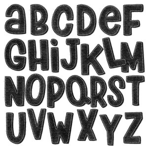May include: Black felt alphabet letters with white stitching around the edges. The letters are uppercase and are arranged in alphabetical order.