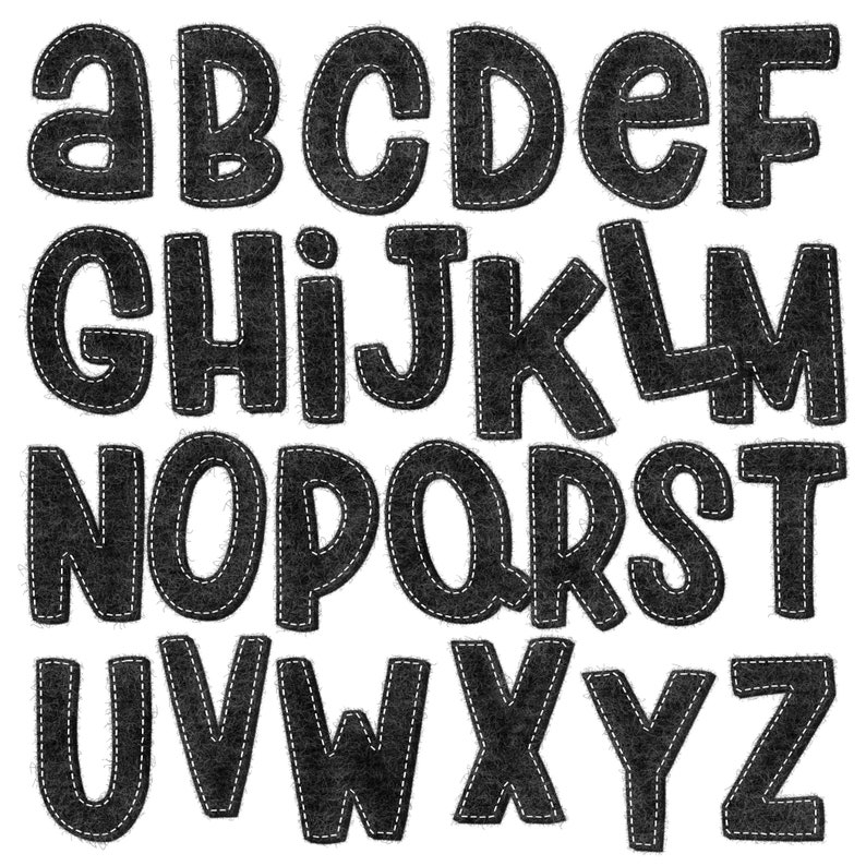 May include: Black felt alphabet letters with white stitching around the edges. The letters are uppercase and are arranged in alphabetical order.