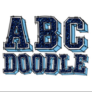 Doodle Digital | Letras da escola da faculdade de esportes atléticos em padrão de leopardo azul marinho, Carolina | PNG | Pacote de clipart do alfabeto desenhado à mão