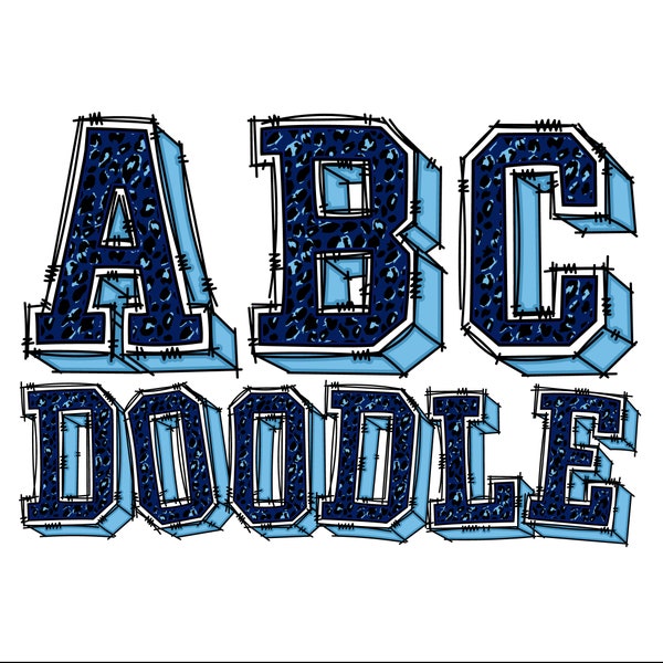 Digital Doodle | Athletic Sports College School Letters in Navy, Carolina Blue Leopard Pattern | PNG | Hand Drawn Alphabet Clipart Bundle