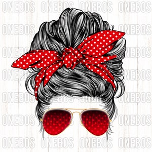 Red College Messy Bun, Clipart Funny Mom Bun, Meisje met bril, College, School, Bandana Hoofdband Bow met Polka Dots, Sublimation DTG