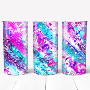 12oz Kids Tumbler Wrap PNG, rosa roxo azul-petróleo prata, pinceladas grunge com brilho, bokeh, brilho, detalhes brilhantes, papel de parede de colagem