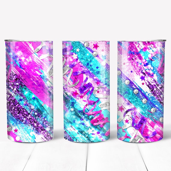 12oz Kids Tumbler Wrap PNG, Pink Purple Teal Silver, Grunge Brush Strokes with Glitter, Bokeh, Sparkle, Shiny Accents, Collage Wallpaper