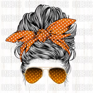 PNG laranja queimado, coque bagunçado da mãe, bandana engraçada com arco, menina com óculos, faculdade, preenchimento de padrão de bolinhas Longhorns, sublimação DTG