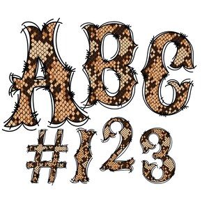 Digital Download | Western Doodle Snakeskin Pattern Fill | PNG Clipart Bundle Alphabet Pack | Letters and Numbers