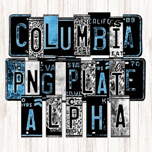 Alfabeto de matrículas, Mezclar letras de coincidencia, azul claro Columbia, leopardo, sublimación digital, constructor de palabras, números de letras rústicas, impresión