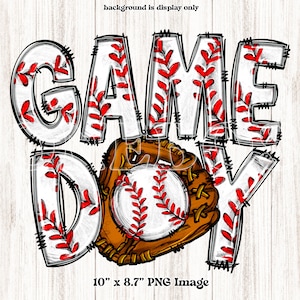 K&ouml;nnte beinhalten: Wei&szlig;-rote Baseball-Grafik mit dem Text "GAME DAY" und einem braunen Baseballhandschuh mit einem wei&szlig;en Baseball darin. Die Grafik ist 10 Zoll mal 8,7 Zoll gro&szlig;.