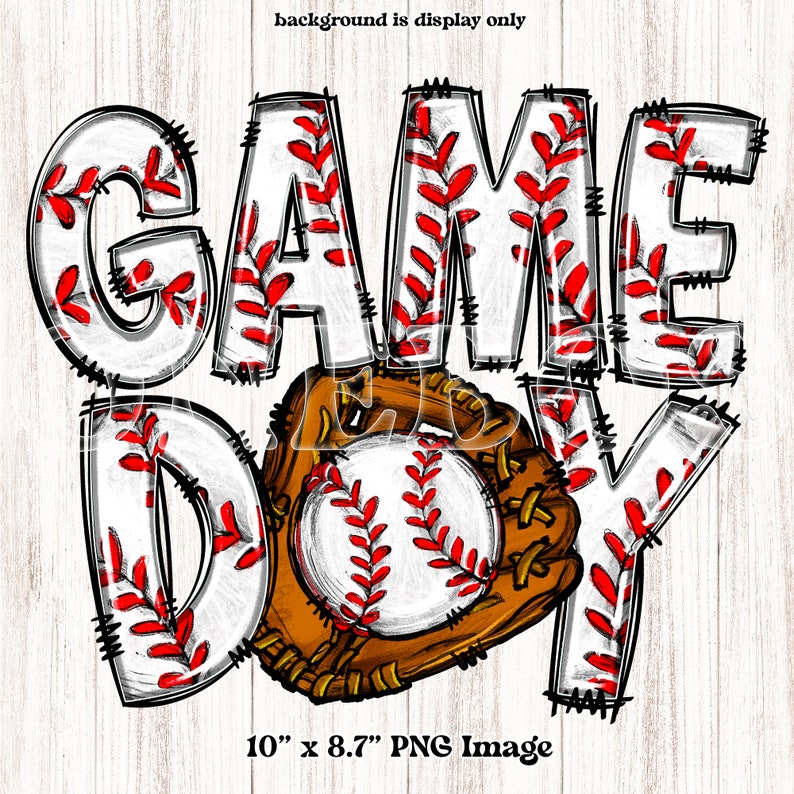 K&ouml;nnte beinhalten: Wei&szlig;-rote Baseball-Grafik mit dem Text "GAME DAY" und einem braunen Baseballhandschuh mit einem wei&szlig;en Baseball darin. Die Grafik ist 10 Zoll mal 8,7 Zoll gro&szlig;.