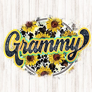 Digital Grammy PNG con impresión de girasol de vaca / Textura de acuarela de letras retro / Diseño de sublimación de círculo grunge fresco / Transferencia imprimible