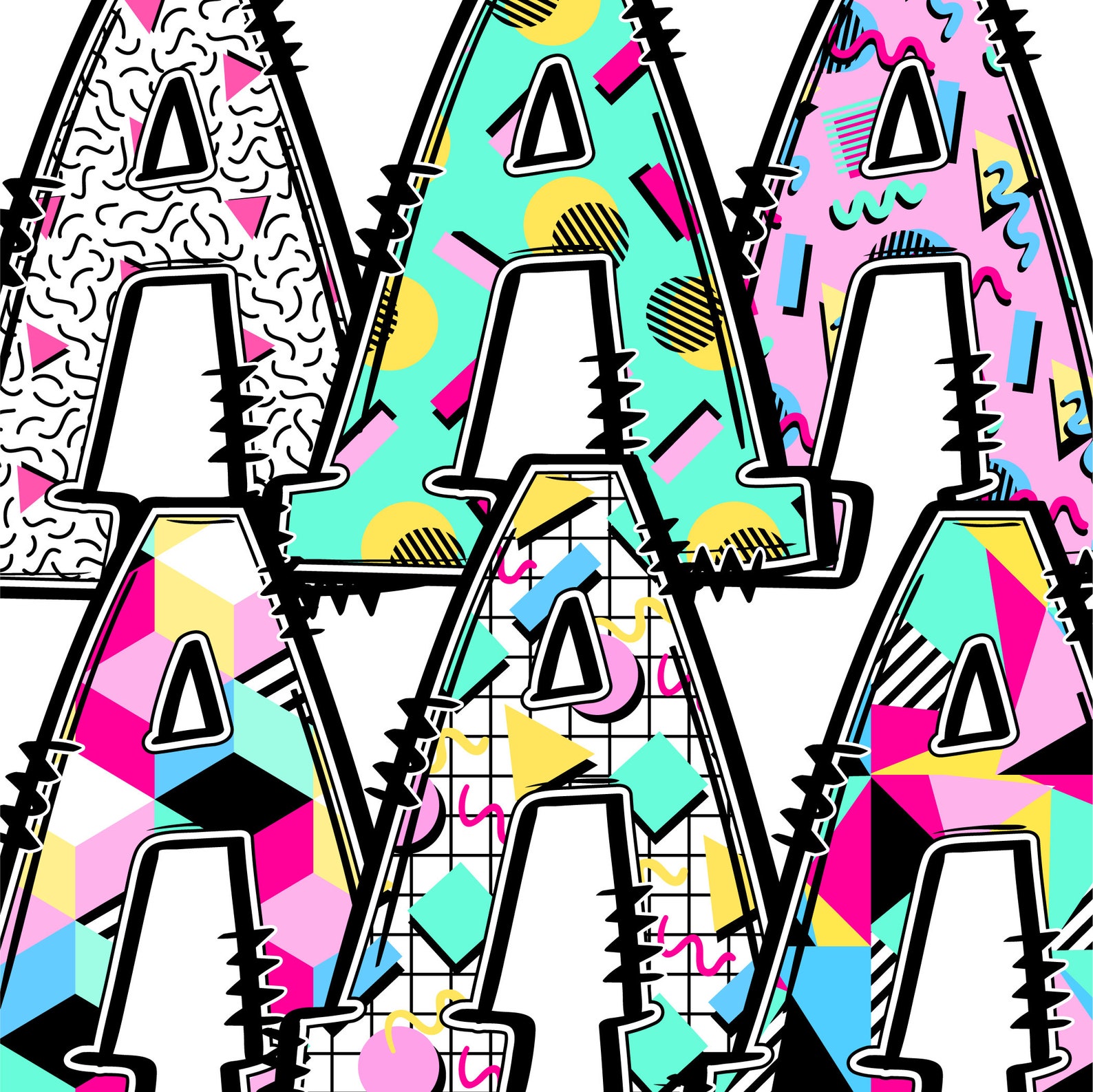 80s Retro Alphabet PNG, 11 Pack Bundle, Full Sets of Doodle Letters ...
