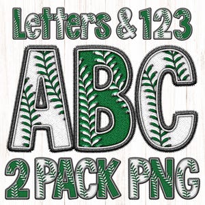 Może przedstawiać: Zielone i białe litery alfabetu A, B i C w stylu bejsbolowym z tekstem "Letters & 123" i "2 Pack PNG" na białym drewnianym tle.