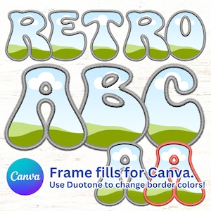 Retro Bubble Stitch Alpha PNG, Faux Stickerei Patch Buchstaben & Zahlen, DIY Farbe in Canva, Canva Rahmen füllen Set, Duotone, Verlaufskarte