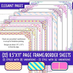 Framed Page Templates, Elegant Scroll, Certificate & Award Style | Grid, Stripes, Polka Dots, Bright Neon, Pink, Blue Yellow FR55EL-A239