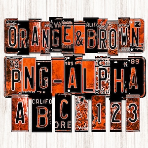 Oranje &bruin alfabet PNG, zwarte kentekenletters + cijfers Clipart, digitaal, shirtontwerpafbeeldingen, ABC's