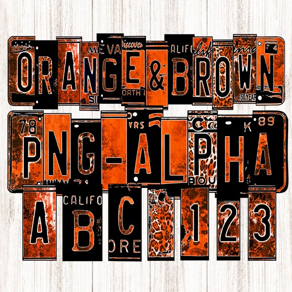 Orange & Brown Alphabet PNG, Black License Plate Letters + Numbers Clipart, Digital, Shirt Design Graphics, ABCs