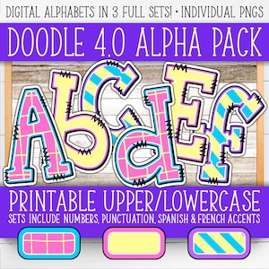 Conjunto de números do alfabeto para placas - Doodle 4.0 | +Francês e Espanhol | Paredes/Porta do Professor | Grade, listras, bolinhas, néon brilhante AL55BOD4-A239
