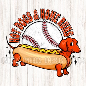 Hot Dogs & Home Runs, Funny Baseball File with Hotdog Weiner Dog, School Game Day Clipart, Sublimation, Trendy Boho, Stars, Groovy Font