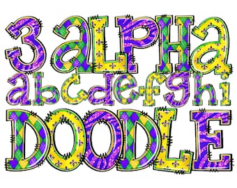 マルディ パーティー PNG アルファベット バンドル、3 つの完全な落書き手描きのアルファベット セット、昇華、フルール ド リス パターン、紫のグリッター、タータン チェックの塗りつぶし