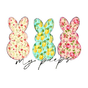 Op de afbeelding: Drie pastelkleurige konijnvormige marshmallow-snoepjes met verschillende bloemenpatronen. Het konijn links heeft een roze en wit bloemenpatroon, het konijn in het midden heeft een geel citroenpatroon op een blauwe achtergrond en het konijn rechts heeft een roze en wit bloemenpatroon met roze rozen. De tekst "my peeps" staat onder de konijnen.