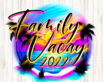 Familie vakantie airbrush PNG, grappige strandachtergrond, digitaal downloadbestand, tropische zonsopgang zonsondergang met palmbomen en oceaan, print