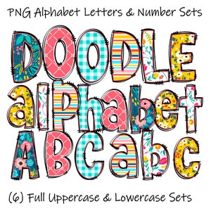 PNG Bundle Alphabet, Doodle Alpha Sets with Floral Pattern Fills, Plaid Fills, Mix Match, Spring Letters, Summer Letters, Newborn Baby Girl