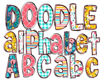 PNG Bundle Alphabet, Doodle Alpha Sets with Floral Pattern Fills, Plaid Fills, Mix Match, Spring Letters, Summer Letters, Newborn Baby Girl