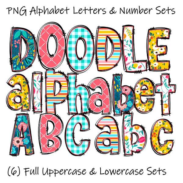 PNG Bundle Alphabet, Doodle Alpha Sets with Floral Pattern Fills, Plaid Fills, Mix Match, Spring Letters, Summer Letters, Newborn Baby Girl