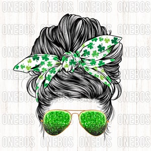 Pão bagunçado clássico, laço de cabeça branco com padrão de trevo verde, estampa de trevo, garota legal, óculos de sol com glitter verde, sublimação e DTG