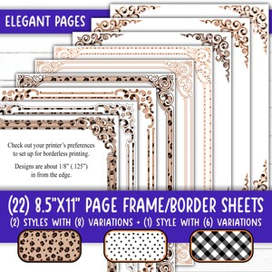 Op de afbeelding: Tweeëntwintig bedrukbare 8,5" x 11" pagina-omlijstings- of randbladen. Twee stijlen met elk acht variaties, plus één stijl met zes variaties. De stijlen omvatten een luipaardprint, een stippenpatroon en een zwart-wit gingham-patroon.
