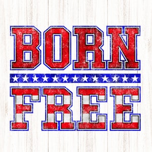 Born Free PNG | Patriottische Stars and Stripes | Rood, Blauw College Athletic Block Chenille | Vintage Distress Grunge | Sublimatie Print