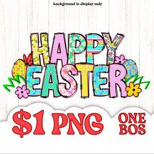 May include: Happy Easter digital clipart with a patchwork design in pink, yellow, blue, and green. The text is outlined in black and the background is a white woodgrain pattern.