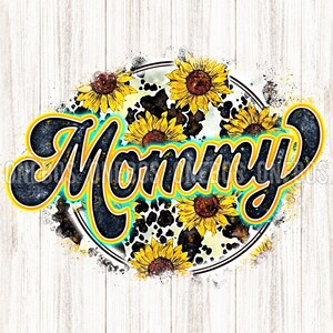 Digitale Mama PNG Kuh Sonnenblume Print | Retro Buchstaben Aquarell Textur | Cooles Grunge Circle Sublimation Design | Printable Transfer