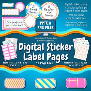 Könnte beinhalten: Digitale Aufkleber-Etikettenseiten mit verschiedenen Formen und Größen, einschließlich runder und rechteckiger Optionen. Das Bild zeigt Etiketten mit farbenfrohen Mustern und dem Text "Cute labels with pattern borders!" und "Digital Sticker Label Pages."
